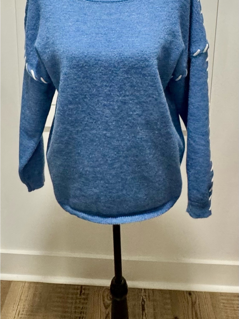 Sky Blue Women's Crewneck Sweater with white stitching on sleeves and shoulders